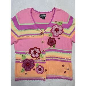 Berek Floral Cardigan Lg Pink Striped Applique Sequin Whimsigoth VTG Cotton Med